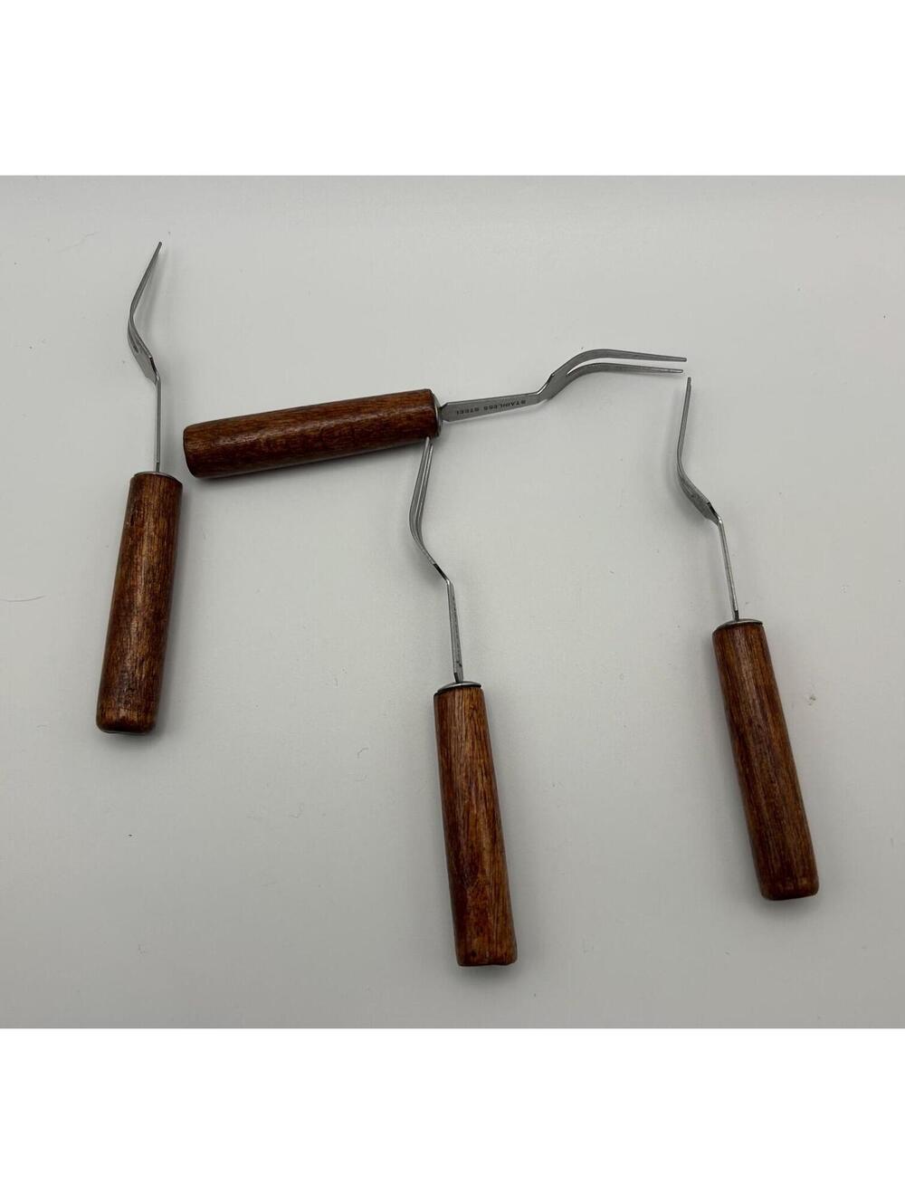 MCM cocktail forks with stainless steel tines and wood handle. Set of five. - Picture 4 of 5